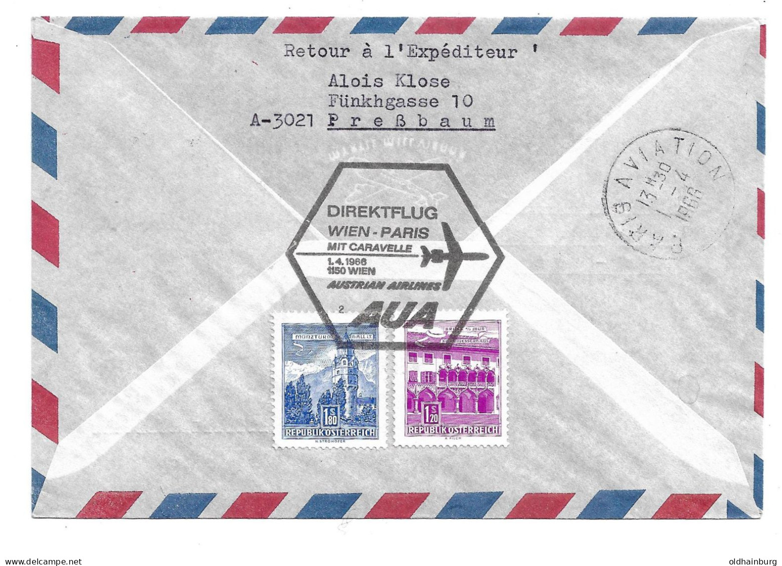 2363m: Erster Jet- Direktflug Der AUA Wien- Paris 1966 - First Flight Covers