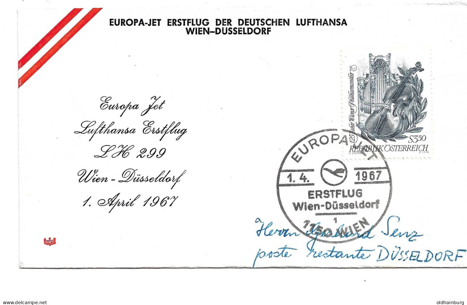 2363p: Europa- Jet Lufthansa- Erstflug Wien- Düsseldorf 1967 - First Flight Covers