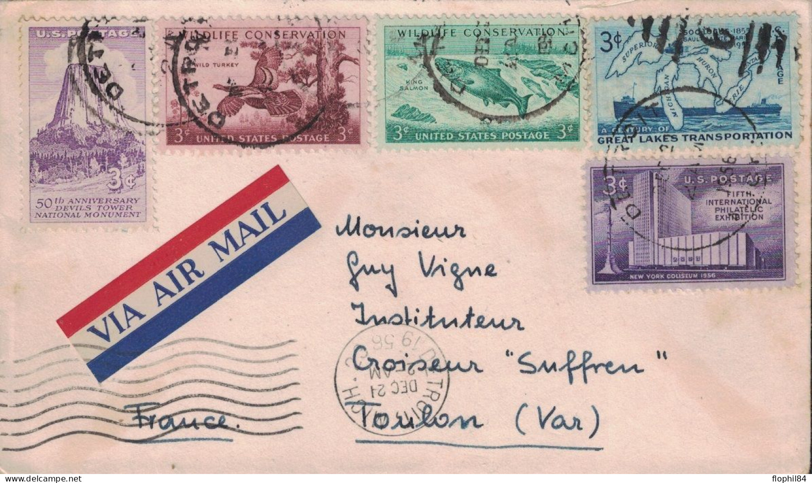 ETATS-UNIS - LETTRE DE DETROIT POUR LE CROISEUR SUFFREN A TOULON - FRANCE - LE 21-12-1956 - BEL AFFRANCHISSEMENT. - Covers & Documents