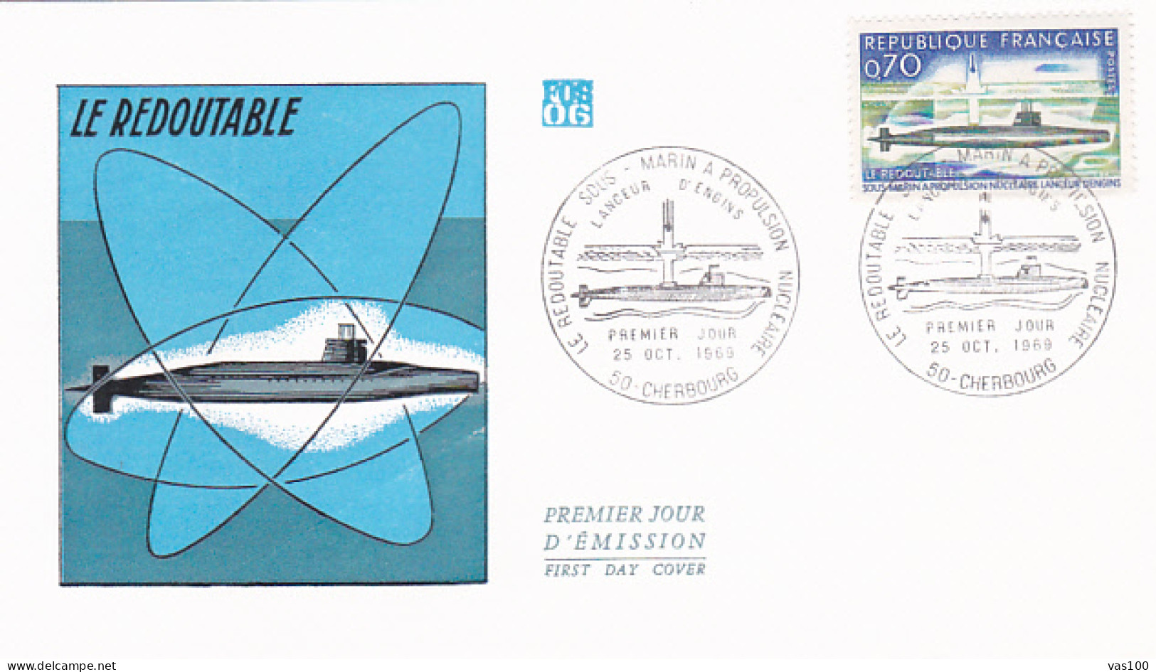 TRANSPORTS, SUBMARINES, REDOUTABLE FRENCH SUBMARINE, COVER FDC, 1969, FRANCE - Duikboten
