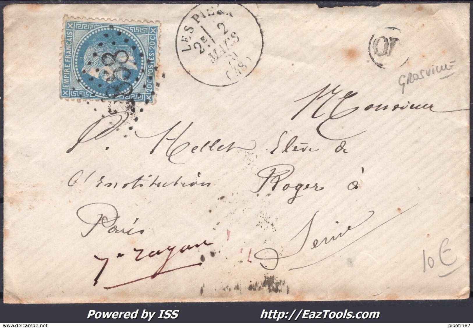 FRANCE N°29B SUR LETTRE GC 2858 LES PIEUX MANCHE + CAD TYPE 16 DU 02/03/1870 - 1863-1870 Napoléon III. Laure