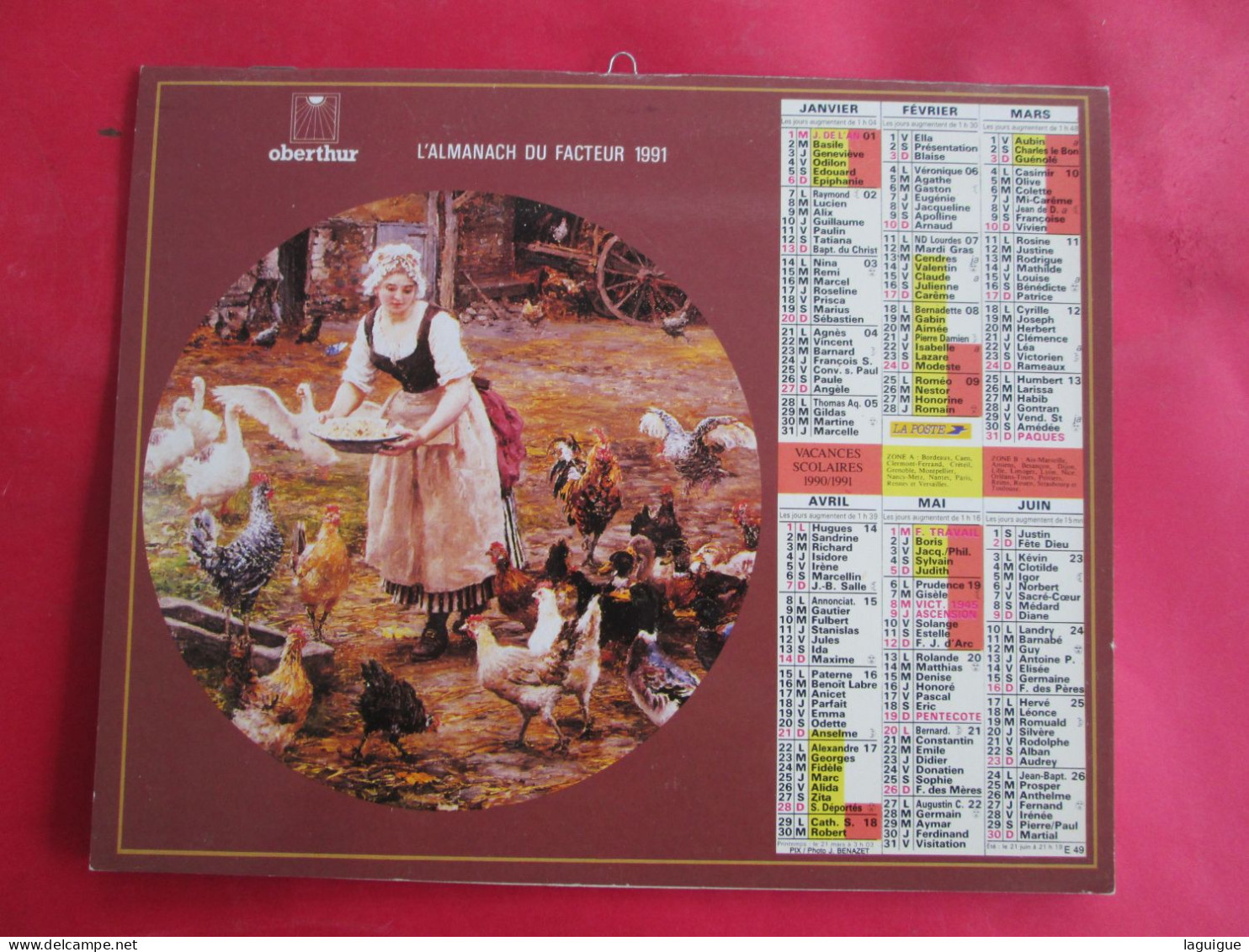 CALENDRIER ALMANACH 1991 OBERTHUR FEMME DONNE AUX POULES ENFANT AVEC LAPINS - Groot Formaat: 1981-90