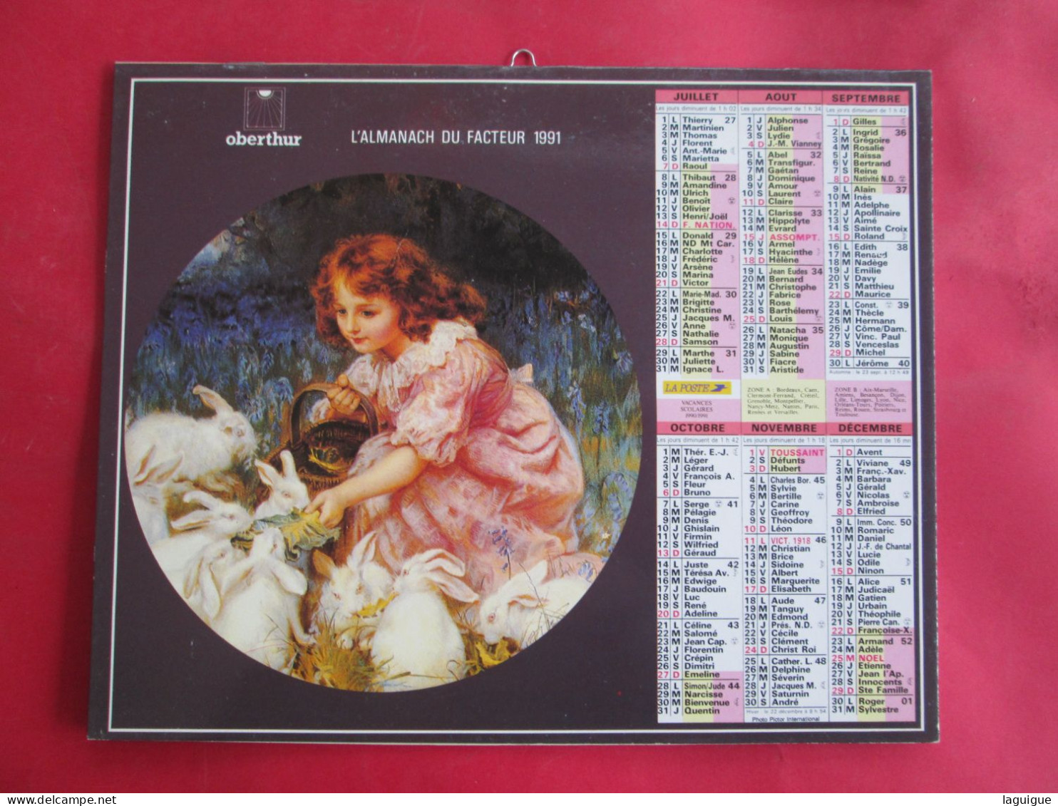 CALENDRIER ALMANACH 1991 OBERTHUR FEMME DONNE AUX POULES ENFANT AVEC LAPINS - Groot Formaat: 1981-90