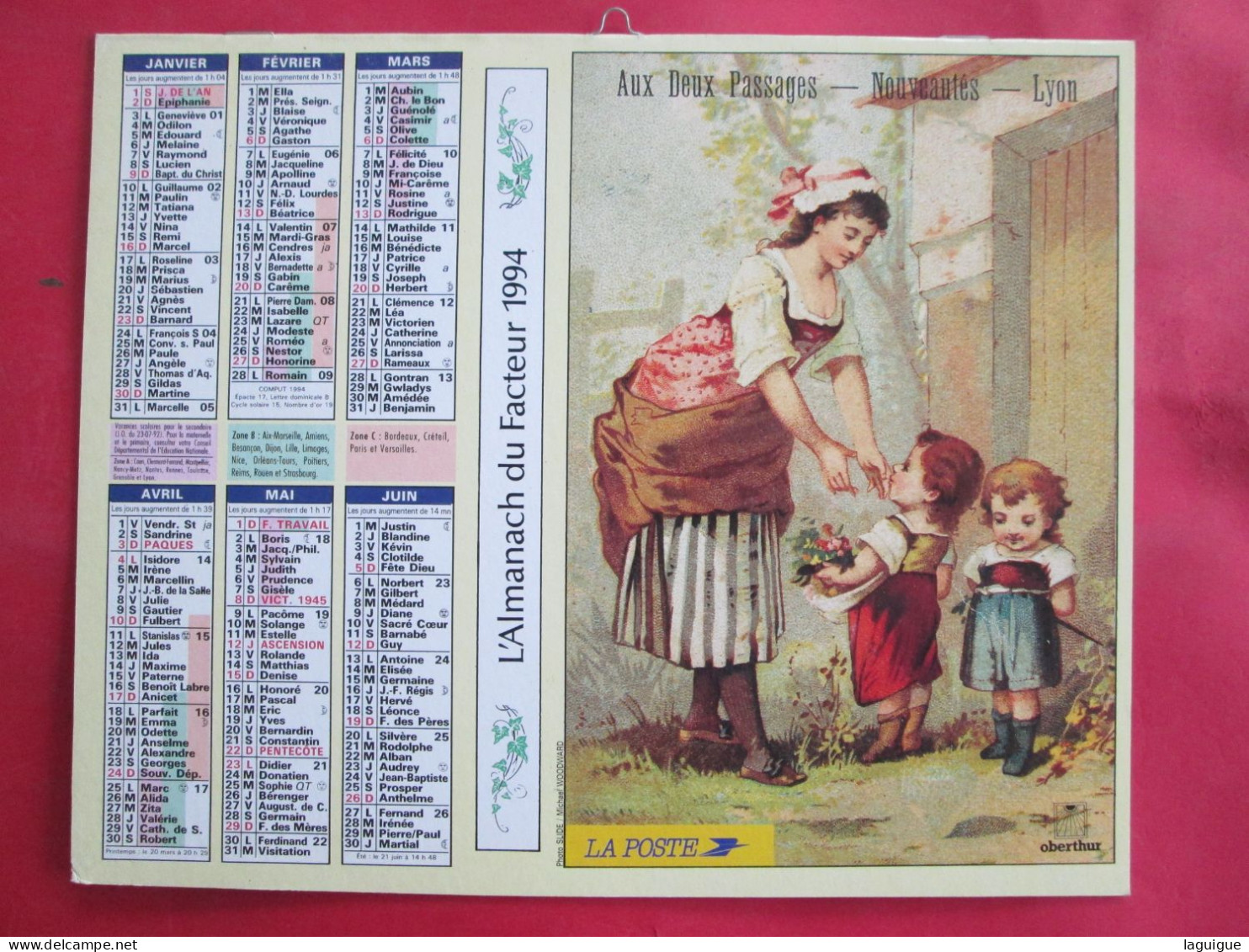 CALENDRIER ALMANACH 1994 OBERTHUR  AFFICHES  ANCIENNES AUX DEUX PASSAGES NOUVEAUTES LYON MAISON DE LA BELLE JARDINIERE - Tamaño Grande : 1991-00