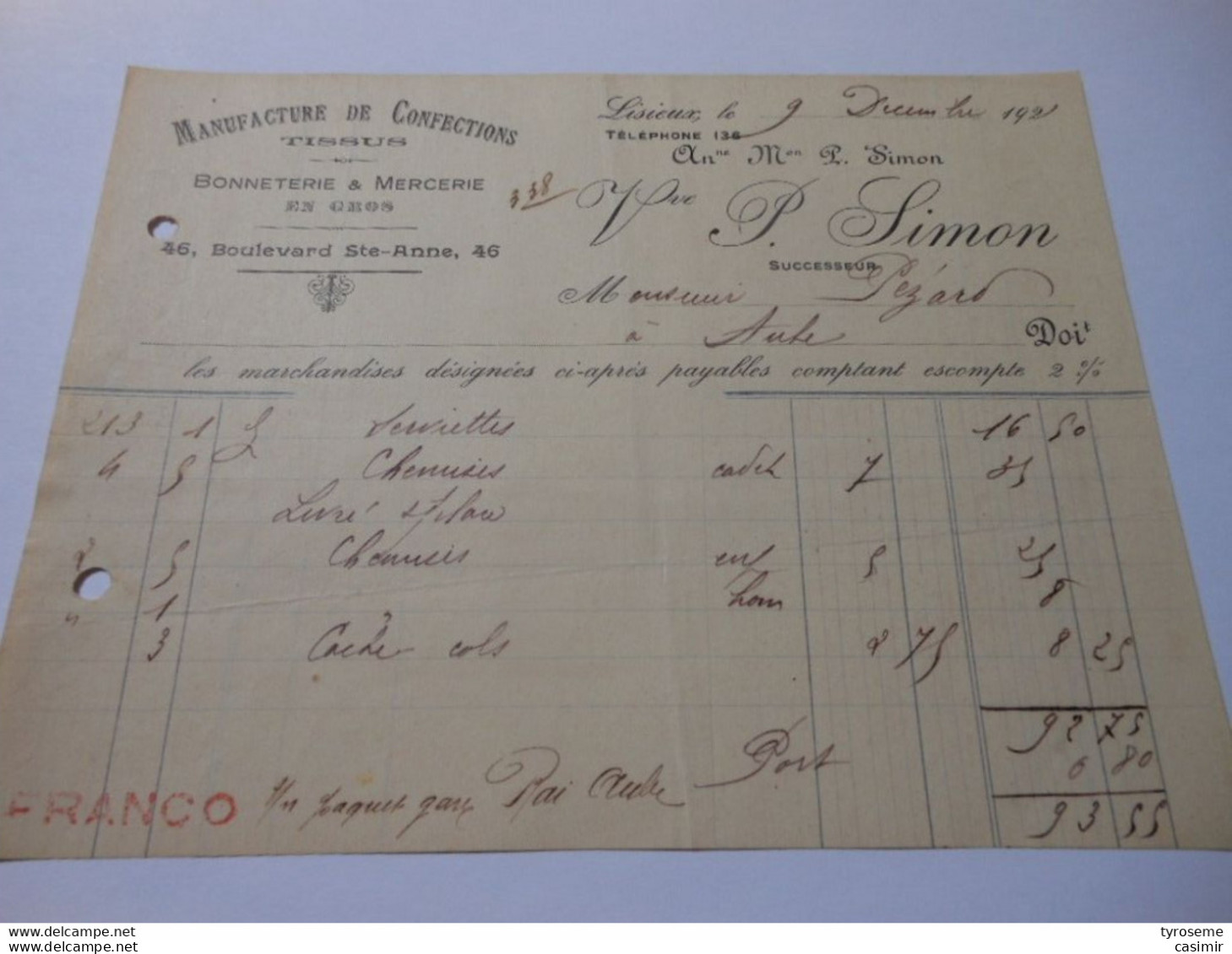 T633 / Facture CONFECTION TISSUS BONNETERIE ET MERCERIE EN GROS - VEUVE P. SIMON à LISIEUX Calvados - Invoices