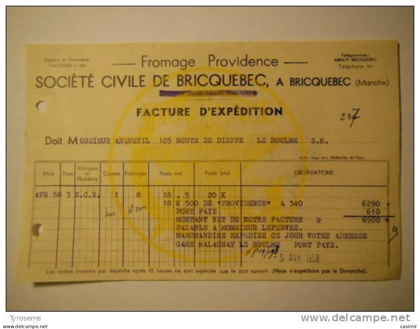 T174 / Facture Fromage Providence Société Civile De Bricquebec - Manche - Rechnungen