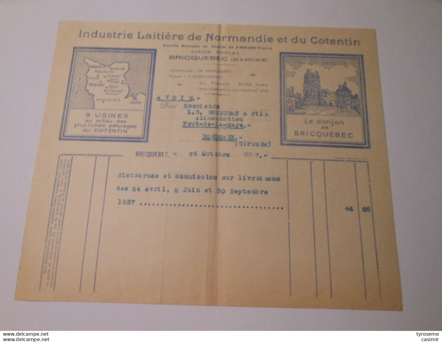 T177 / Facture Industrie Laitière De Normandie Et Du Cotentin à Bricquebec - Manche - Laiterie Fromagerie - Invoices