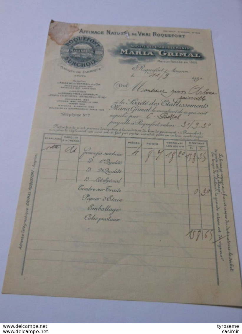 T284 - Facture Maria Grimal - Fromagerie Fondée En 1865 - Roquefort Aveyron - Invoices