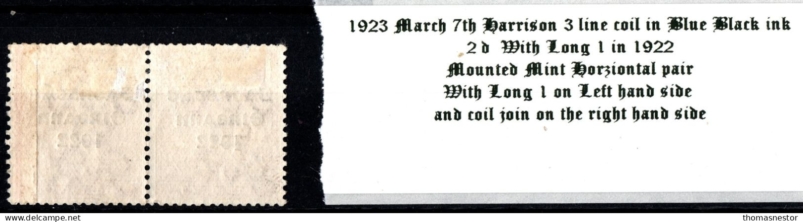 1923 March 7th Harrison 3 Line Coil In Blue Black Ink, 2d Die II Orange Horziontal Pair With Coil Join Mounted Mint (MM) - Ongebruikt