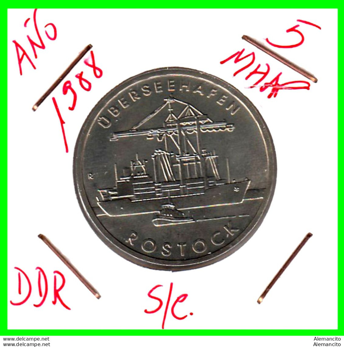 ( GERMANY DDR ) REPUBLICA DEMOCRATICA DE ALEMANIA MONEDA DE 5-DM AÑO 1988 - KM-121  ( PORT CITY OF ROSTOCK OBERSEE HAFEN - 5 Mark