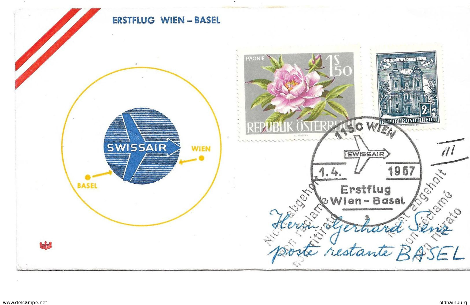 2364l: Swissair- Erstflug Wien- Basel 1967, Frankatur Blumen Und Christkindl - Erst- U. Sonderflugbriefe