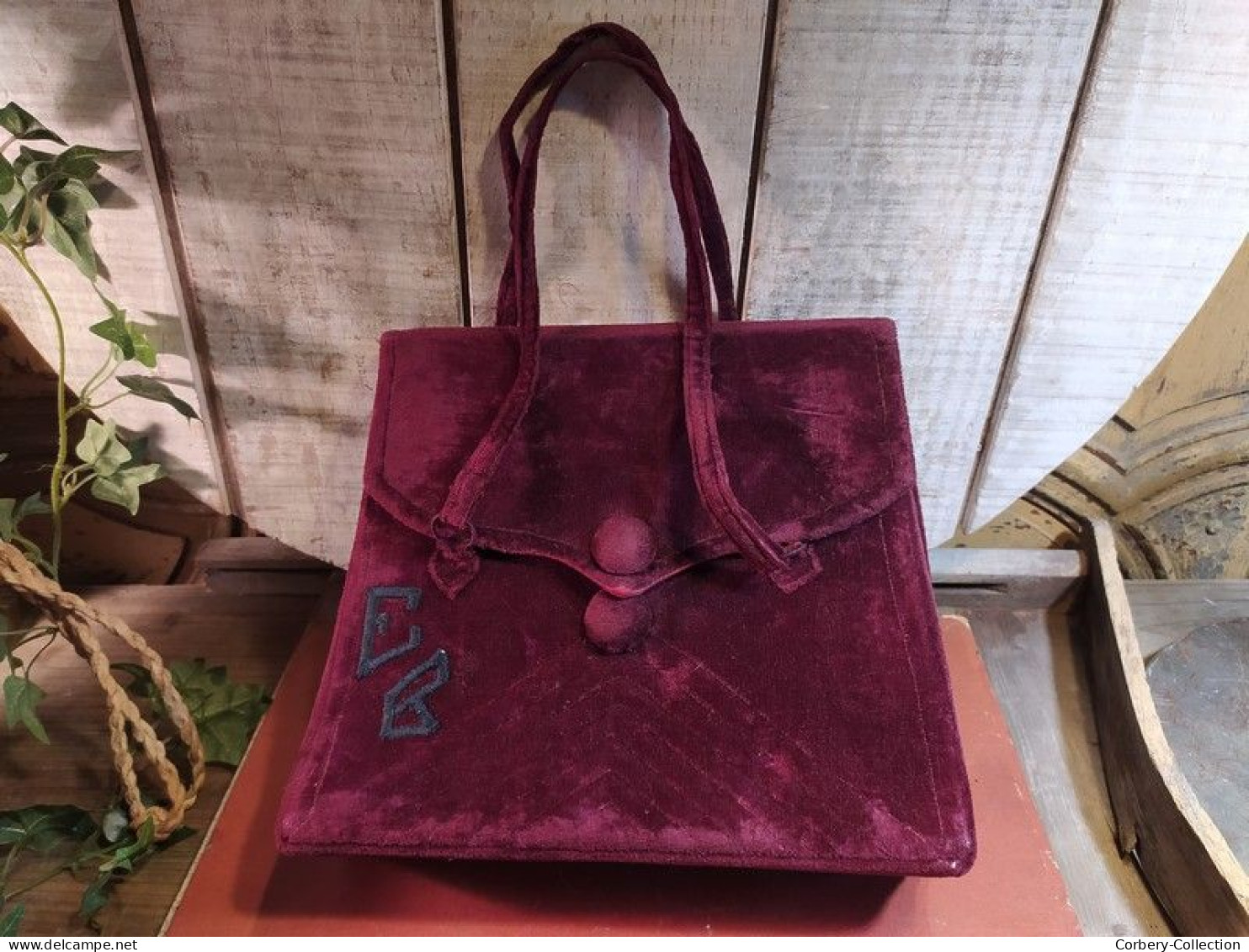 Ancien Sac Velours Bordeaux Vintage Monogramme - Other & Unclassified