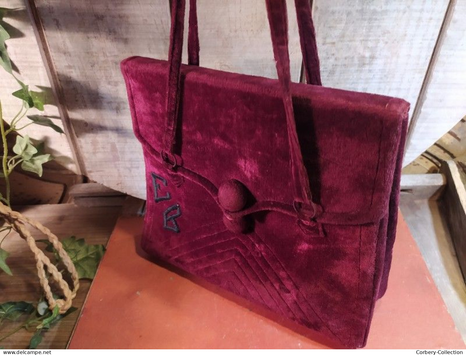 Ancien Sac Velours Bordeaux Vintage Monogramme