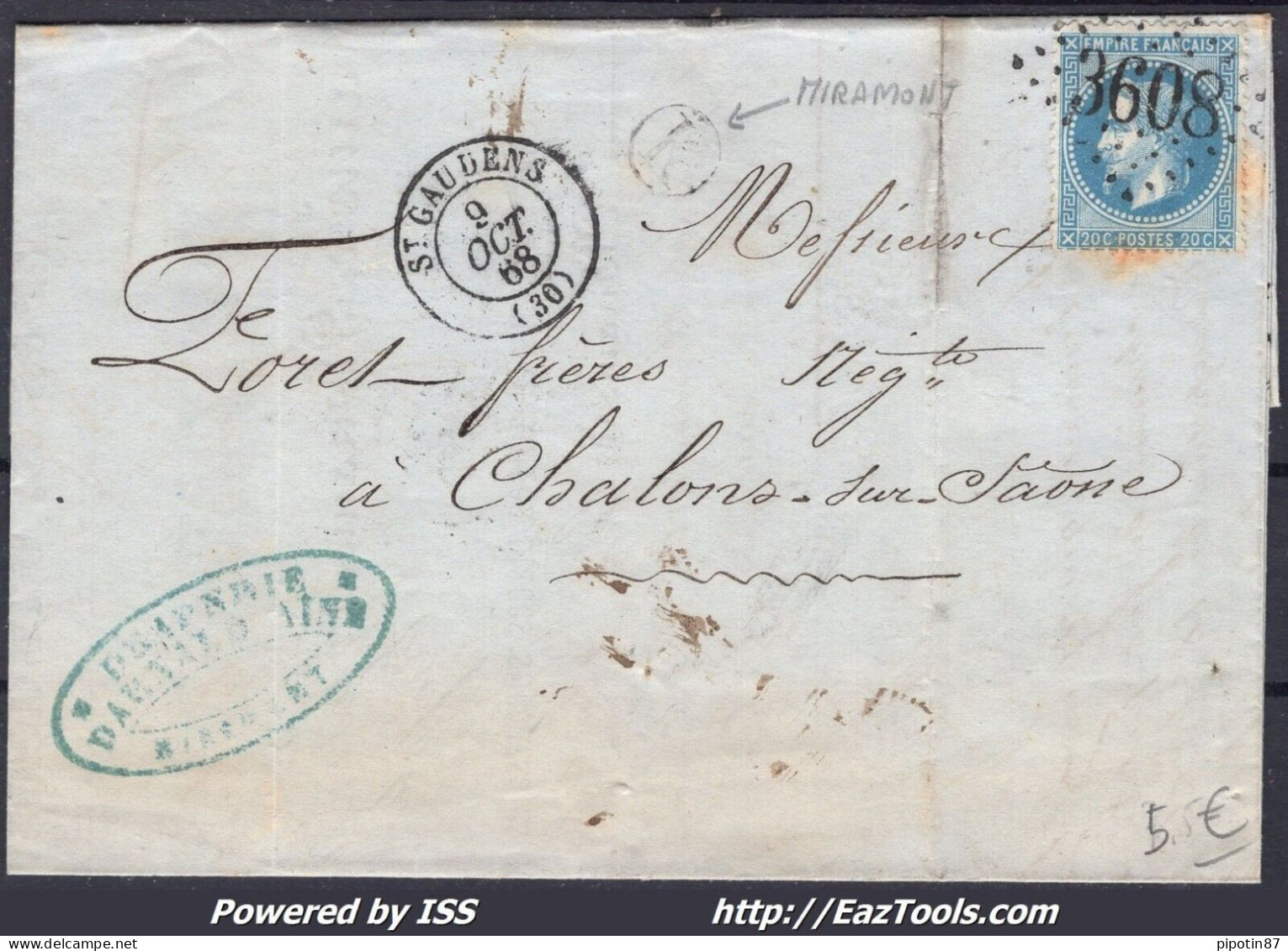 FRANCE N°29A SUR LETTRE GC 3608 ST GAUDENS HAUTE GARONNE + CAD DU 09/10/1868 - 1863-1870 Napoléon III Lauré