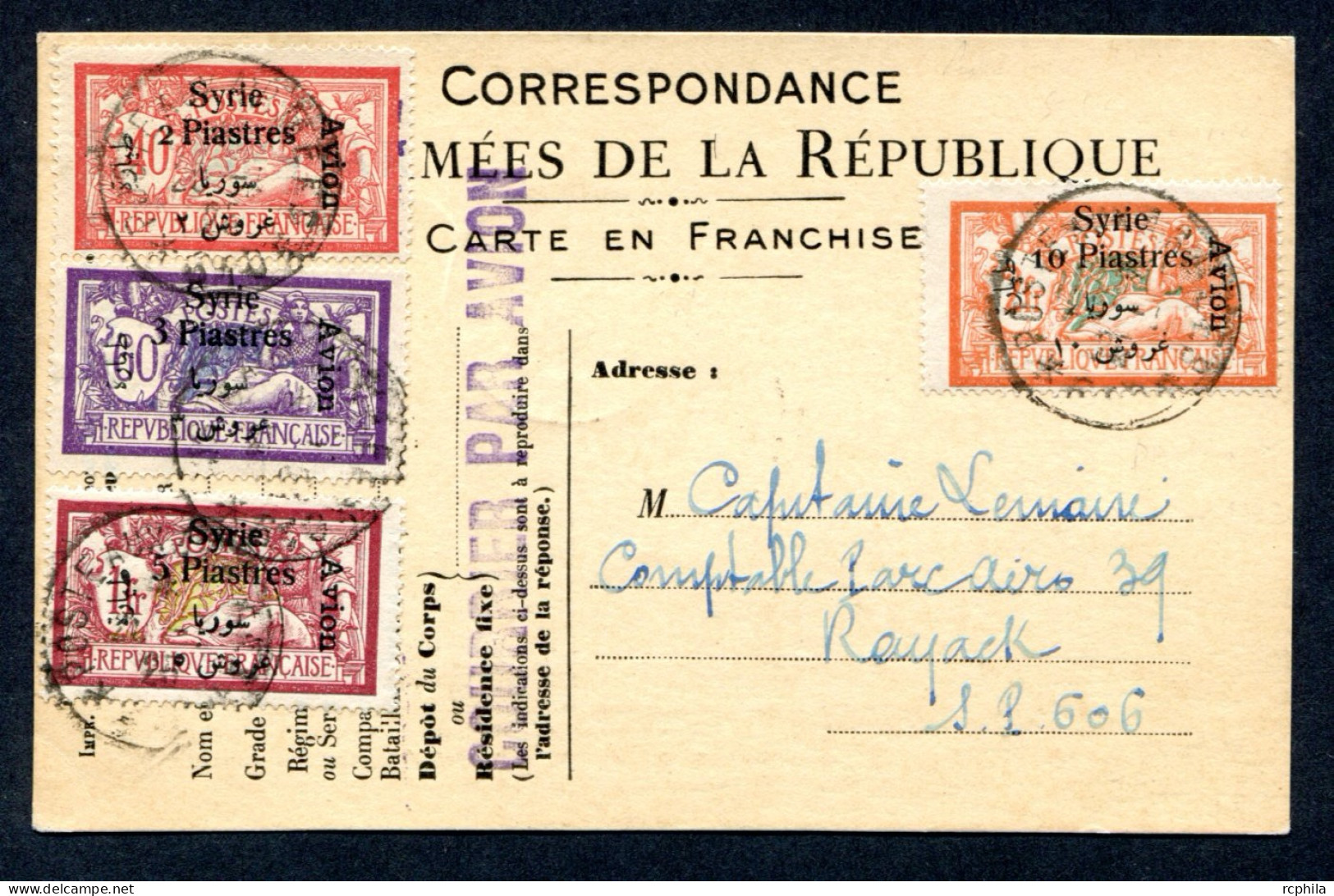 RC 26110 SYRIE 1925 SERIE AVION SUR CARTE DE FRANCHISE MILITAIRE POUR LE SECTEUR POSTAL 606 DE RAYACK - Lettres & Documents