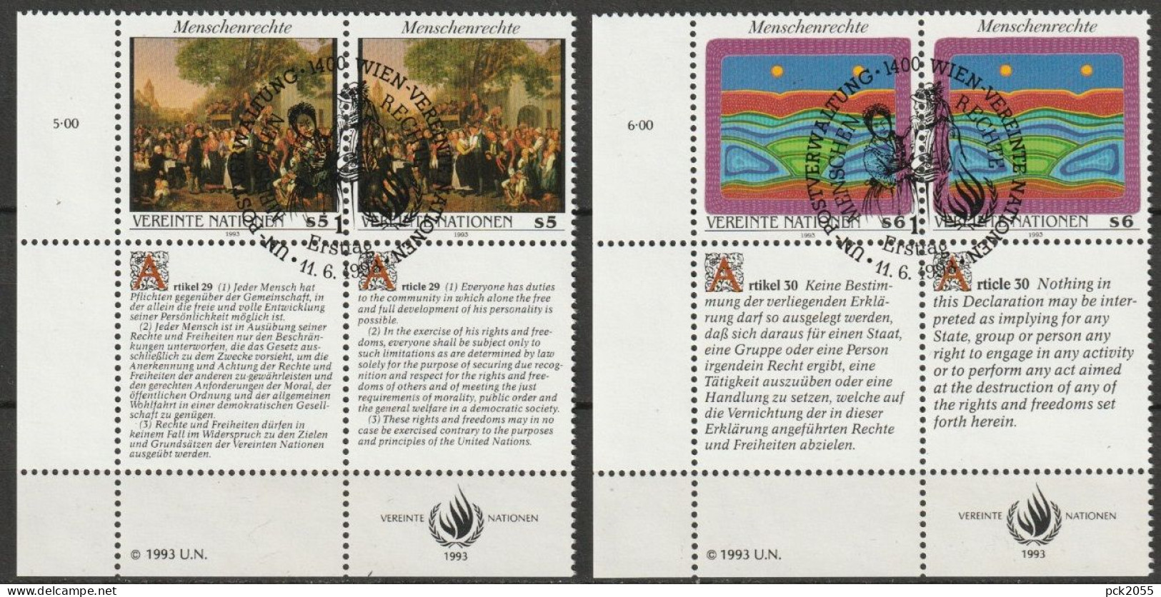 UNO Wien 1993 MiNr.150- 151 Paar O Gestempelt Menschenrechte ( 3743)  Günstige Versandkosten - Gebraucht