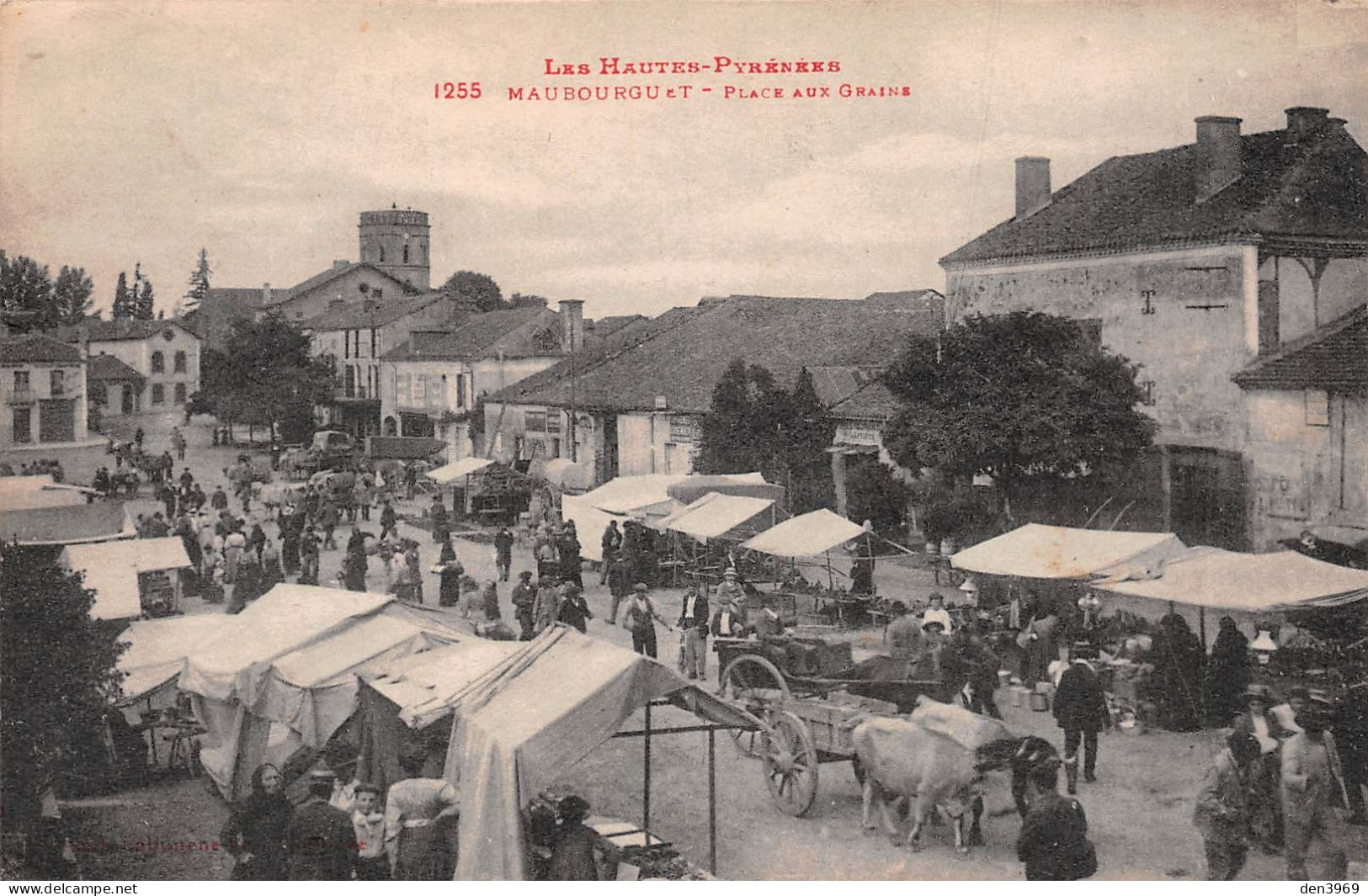 MAUBOURGUET (Hautes-Pyrénées) - Place Aux Grains - Attelage De Boeufs, Marché - Voyagé 1930 (2 Scans) Lombard à Décines - Maubourguet