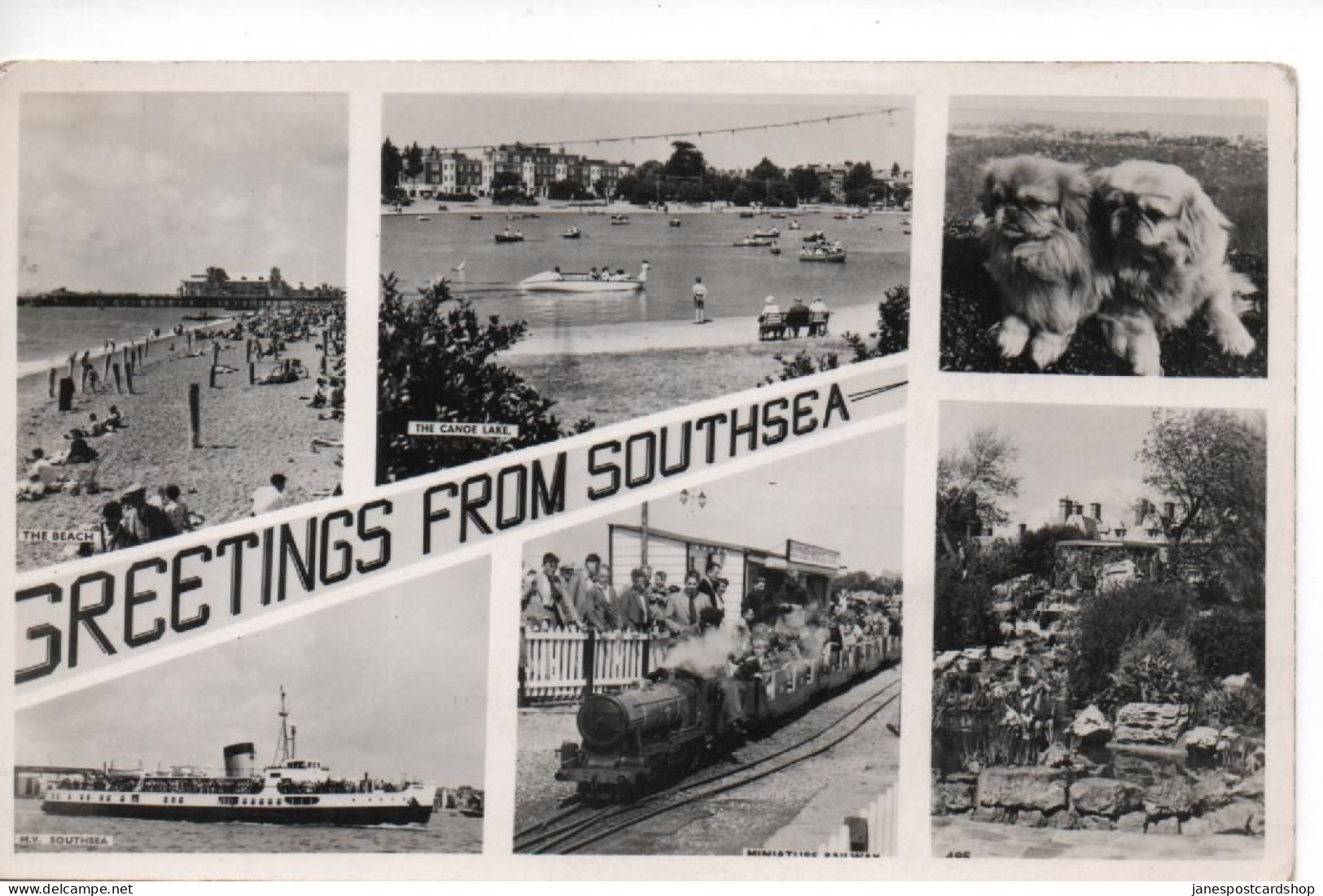 REAL PHOTOGRAPHIC POSTCARD GREETINGS FROM SOUTHSEA - MULTI-VIEW - WITH MINIATURE RAILWAY - FERRY - CANOE LAKE - ETC - Southsea