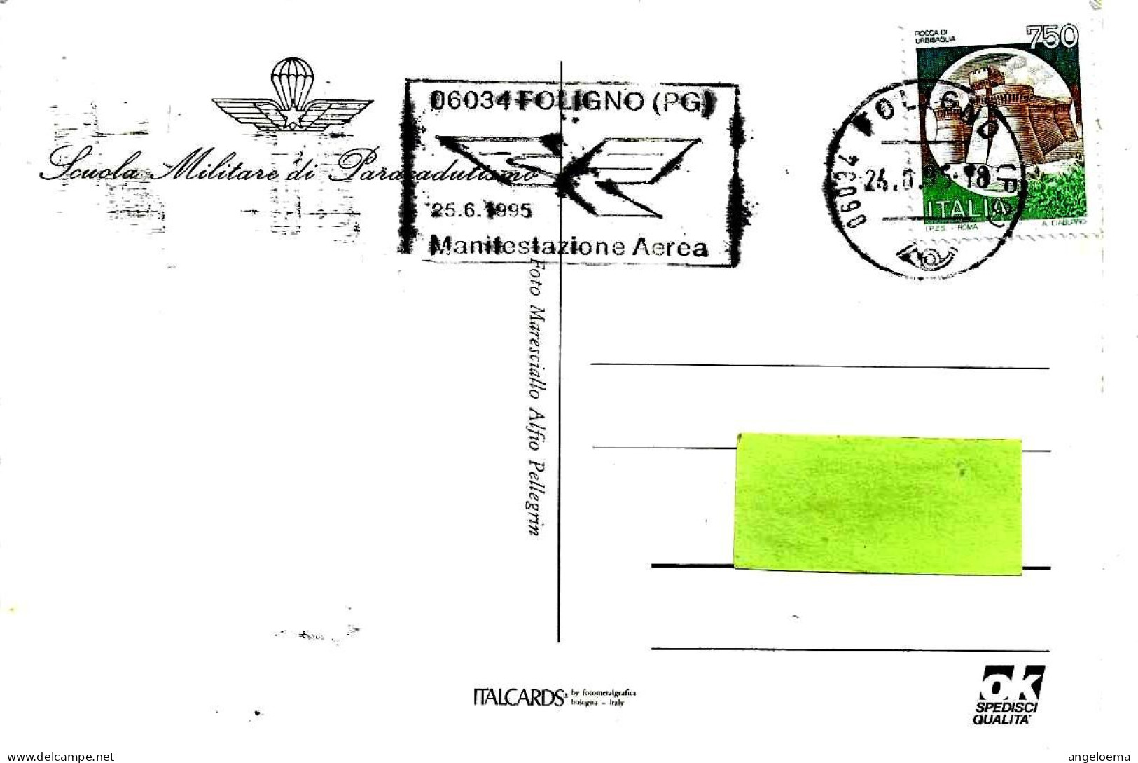 ITALIA ITALY -1995 FOLIGNO (PG) 14^ Manifestazione Aerea Targhetta Su Cartolina Scuola Militare Paracadutismo - 8430 - Parachutespringen