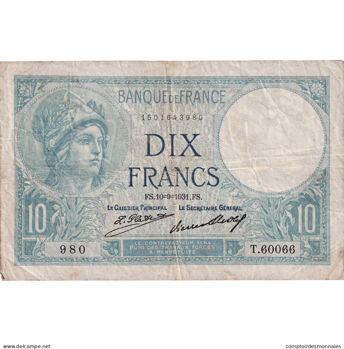 France, 10 Francs, Minerve, 1931, T.60066, TB, Fayette:6.15, KM:73d - 10 F 1916-1942 ''Minerve''