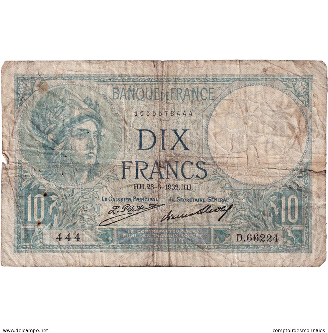 France, 10 Francs, Minerve, 1932, D.66224, B, Fayette:6.16, KM:73d - 10 F 1916-1942 ''Minerve''