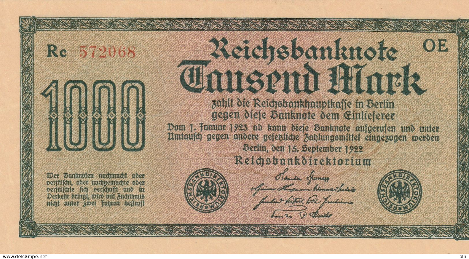 GERMANIA -1000 MARK 1922 P-76b AUnc - 1.000 Mark