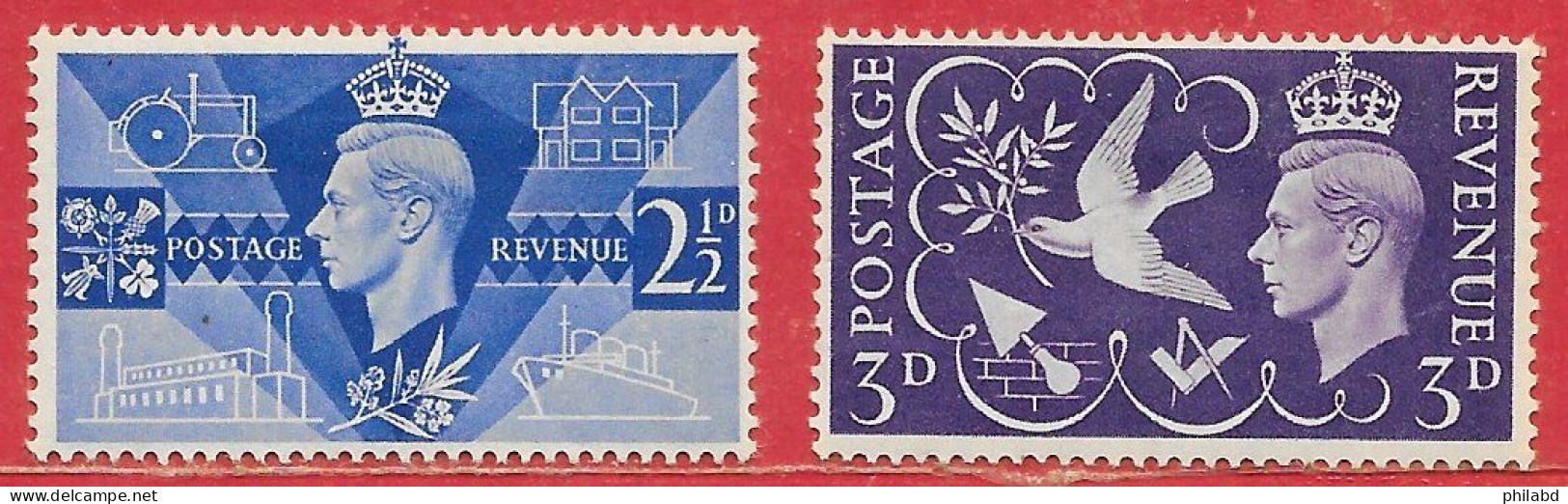 Grande-Bretagne N°235 2,5p Bleu & N°236 3p Violet 1946 * - Nuevos