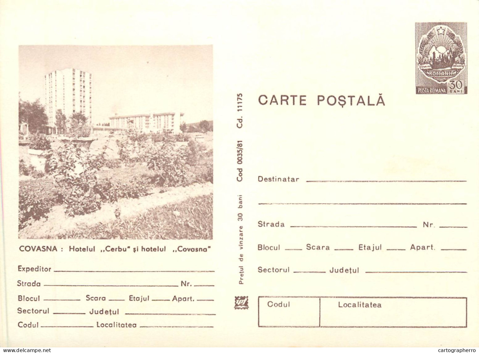 Romania Intreg Postal Covasna Hotel Cerbul - Brieven En Documenten