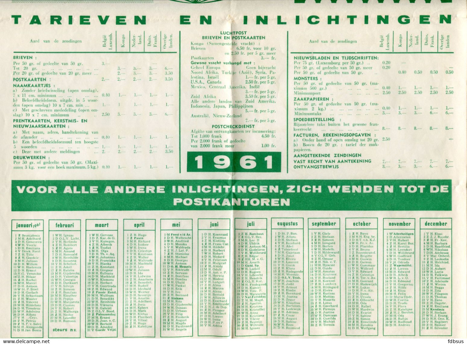 1961 Kalender Van De Brievenbesteller - Met Tarieven ( Ook Kongo ) En Inlichtingen - Drukkerij Plantin Antwerpen - Grossformat : 1961-70