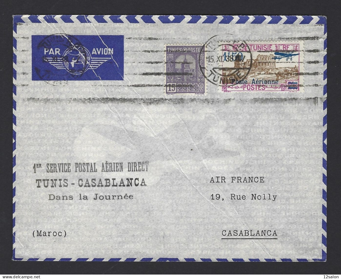 POSTE AÉRIENNE AVION AVIATION  1938 TUNIS CASABLANCA  1ère LIAISON - 1927-1959 Lettres & Documents