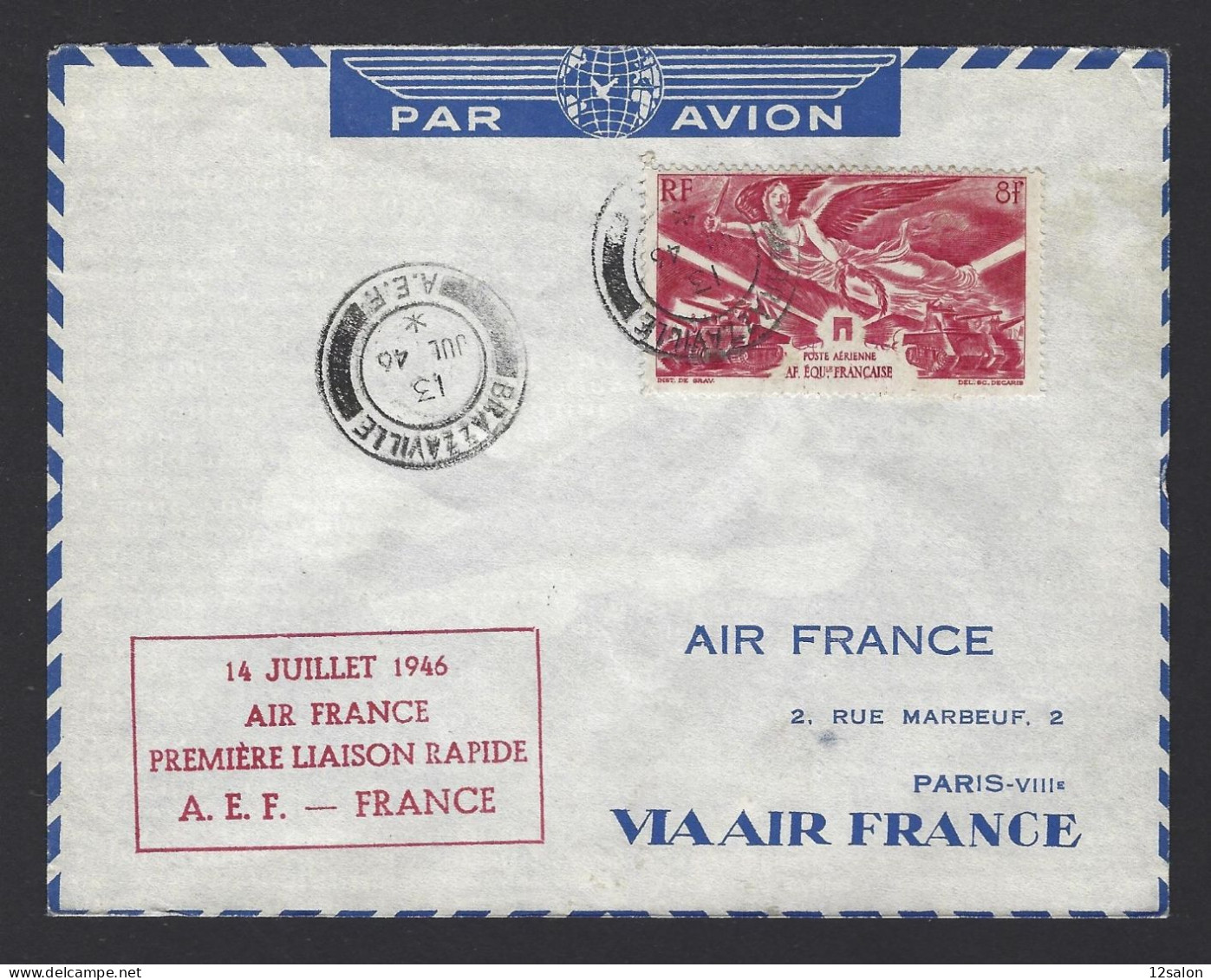 POSTE AÉRIENNE AVION AVIATION  1946 AEF FRANCE  1ère LIAISON - 1927-1959 Covers & Documents