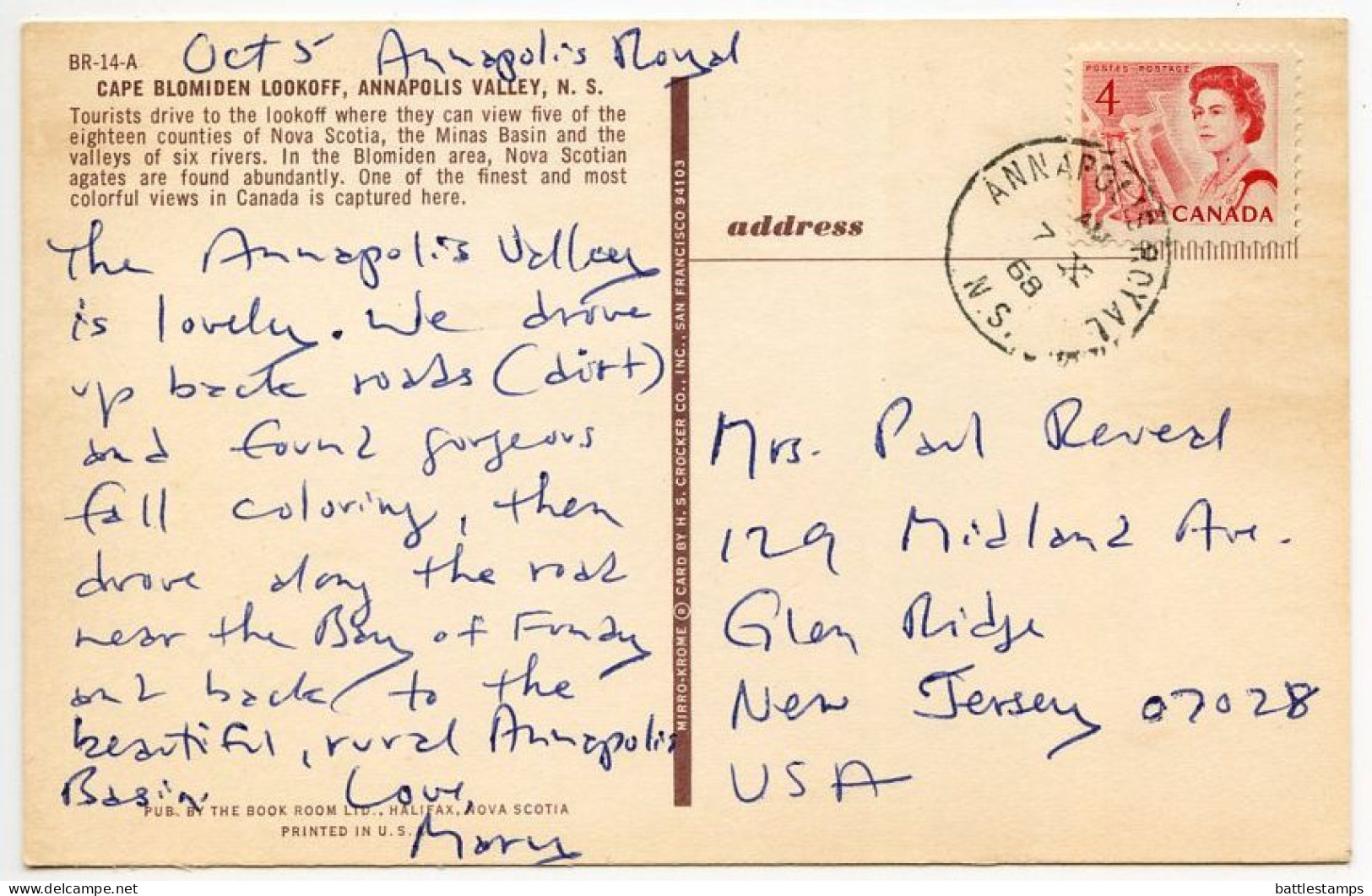 Canada 1968 Postcard Annapolis Valley, Nova Scotia - Cape Blomiden Lookoff; Scott 457 - 4c. QEII - Otros & Sin Clasificación