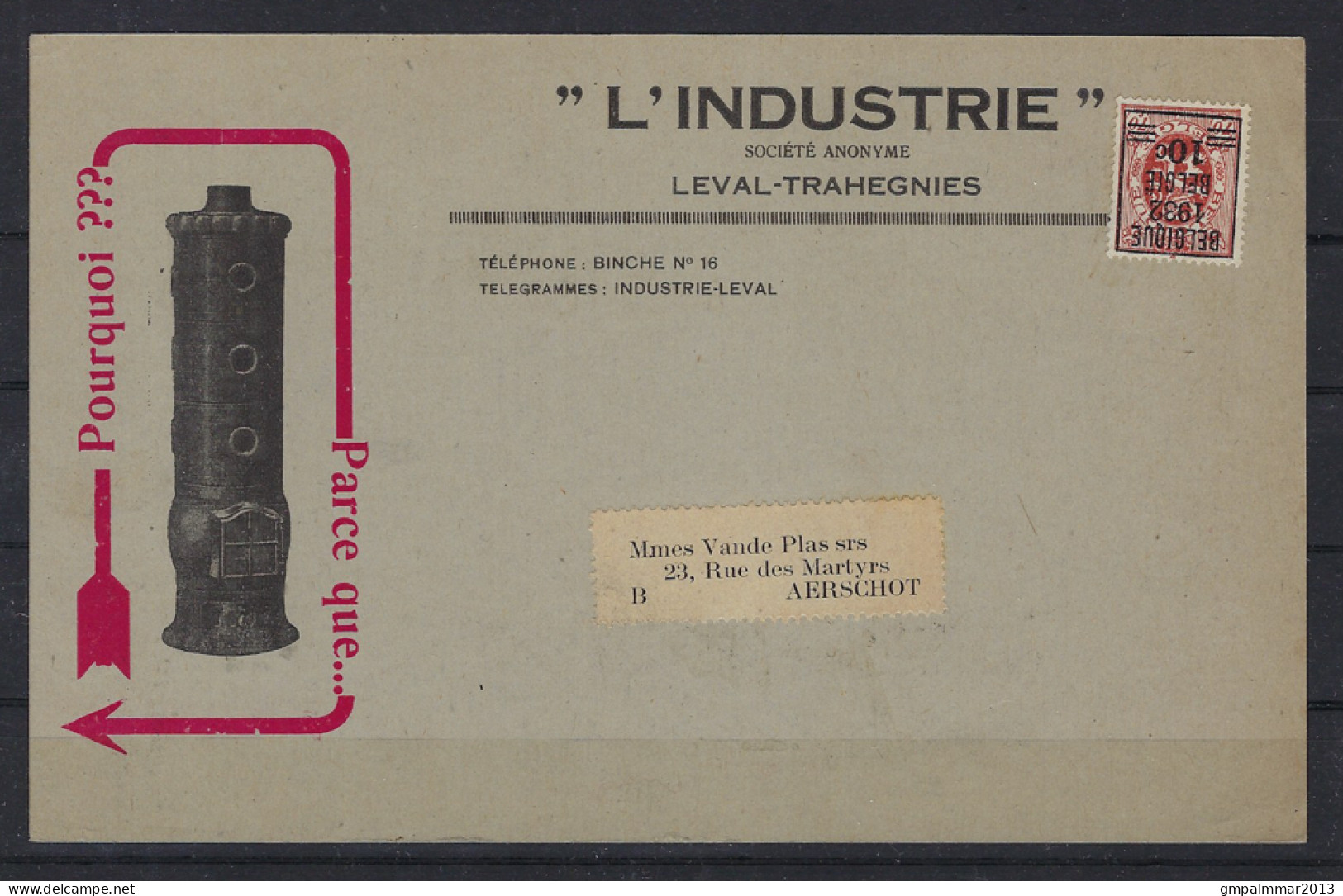 Nr. 334 Op Postkaart Met Reclame L'INDUSTRIE S.A. LEVAL - TRAHEGNIES ; Details & Staat Zie 2 Scans !    LOT 203 - Typos 1929-37 (Lion Héraldique)