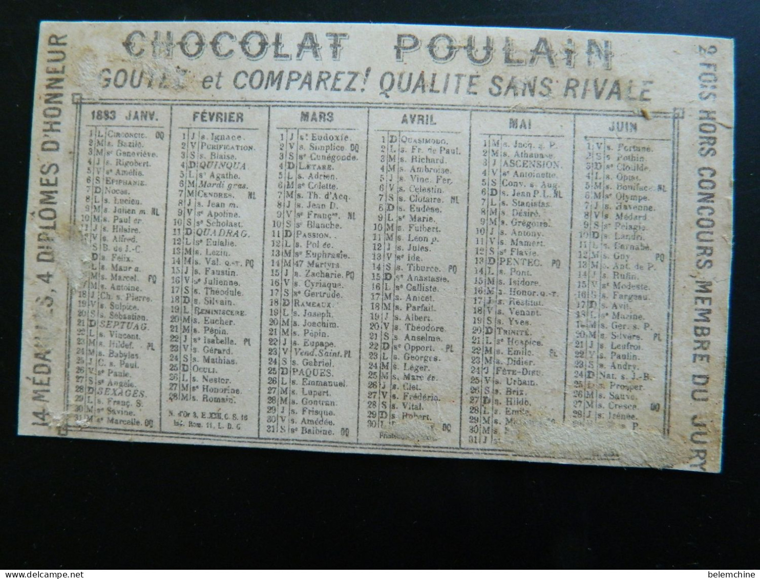 CHROMO  CHOCOLAT POULAIN    CHANT DU CAVALIER      AU DOS CALENDRIER DE 1883  (10,5 X 6,5 Cms) - Kleinformat : ...-1900