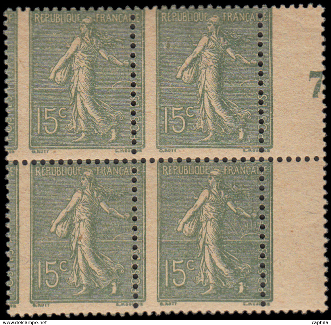 ** FRANCE - Poste - 130, Type IV, Bloc De 4, Piquage à Cheval, Bdf Millésime "7": 15c. Semeuse Lignée Papier GC (Spink) - Unused Stamps