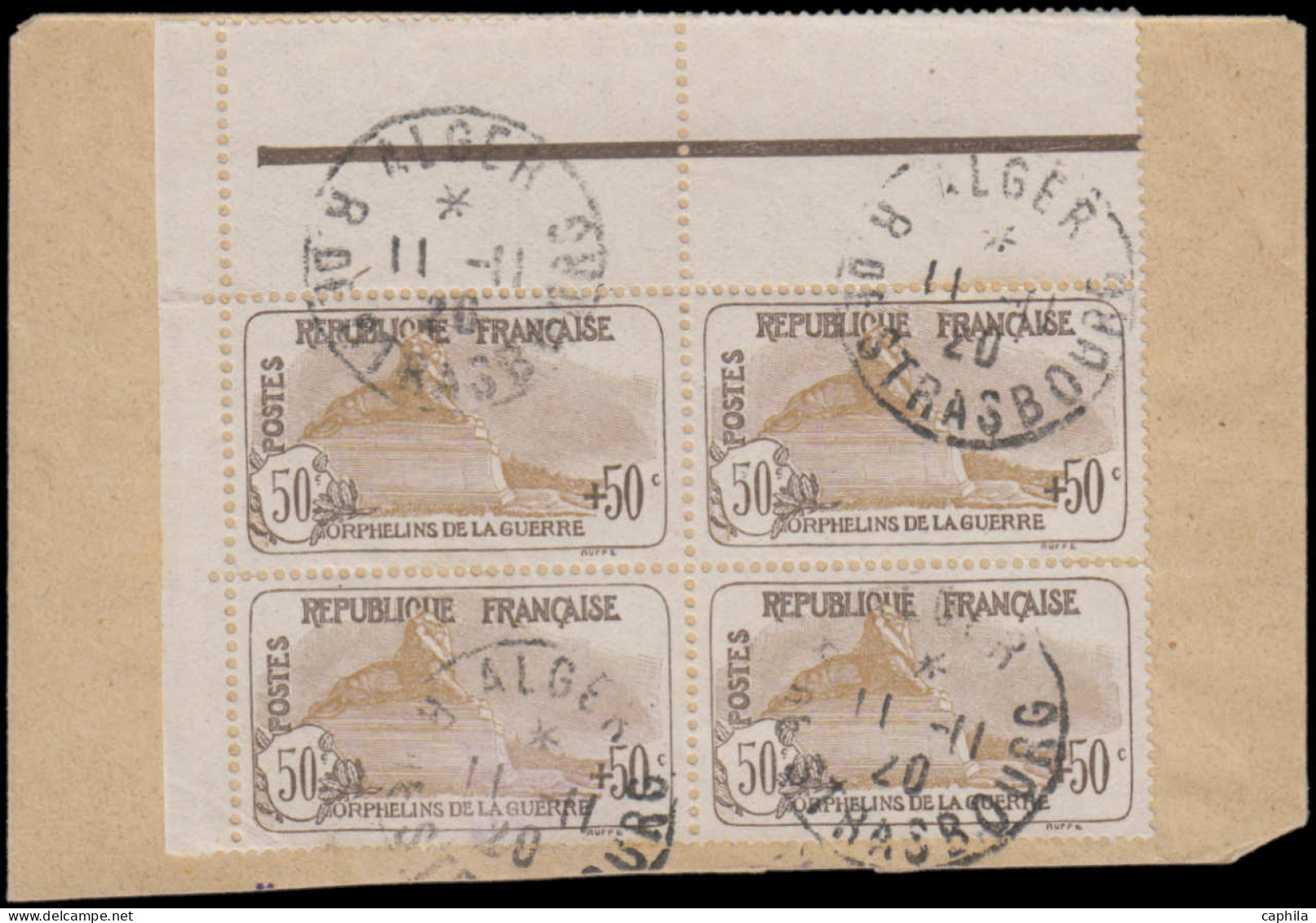 O FRANCE - Poste - 153, Bloc De 4 Cdf Sur Petit Fragment, Obl. Alger 11/11/20: 50+50c. Orphelins - Usados