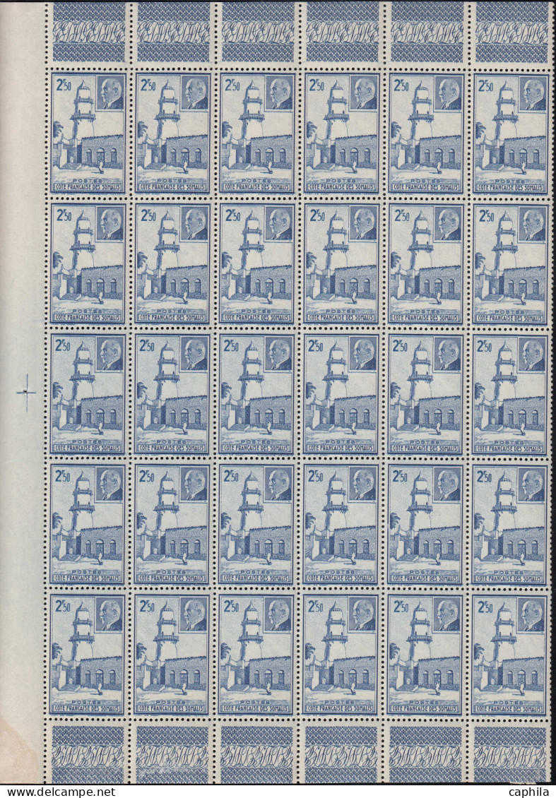 ** COLONIES SERIES - Poste - 1944, Pétain en panneaux de 30 (sauf AEF - Madagascar - Océanie) souvent 2 valeurs par bloc