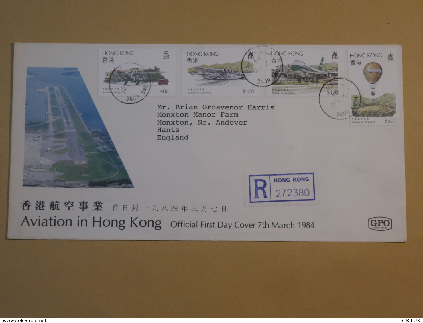 DE1 HONG KONG CHINA  BELLE LETTRE FDC  RECO 1984 A HANTS  U.K ++AVIATION  +AFFRANCH. INTERESSANT+++ - 1980-1989