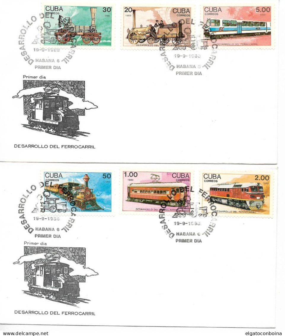 CUBA 1988 RAILWAYS DEVELOPMENT TRAINS LOCOMOTIVES SET OF 6 ON FIRST DAY COVER - FDC