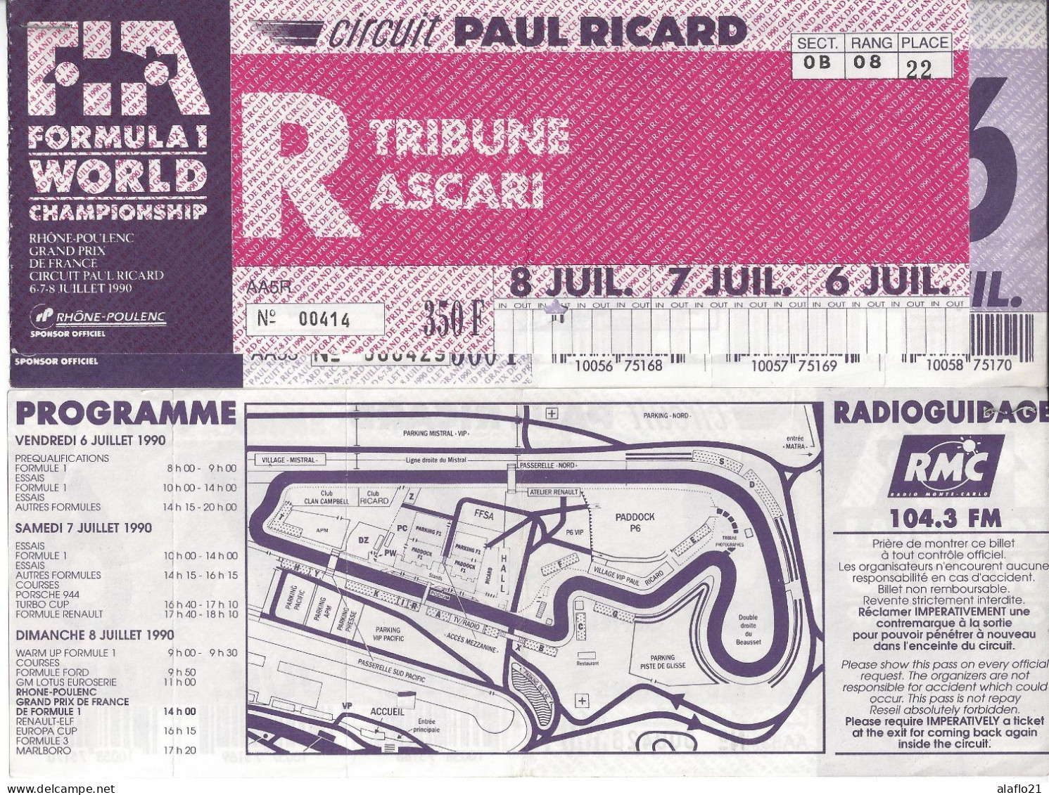 GRAND PRIX DE FRANCE F1 1990 - Circuit Paul Ricard - BILLET D'ENTREE N° 414 - Car Racing - F1