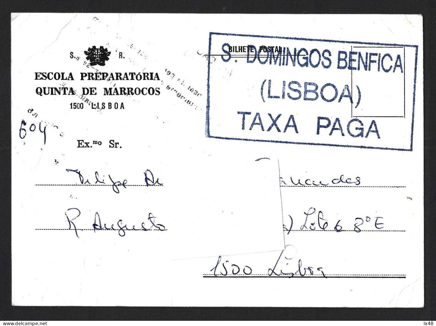 Postal Isento De Porte, Obliteração 'S. Domingos De Benfica, Lisboa, Taxa Paga'. Postage Free Of Postage, Obliteration ' - Brieven En Documenten