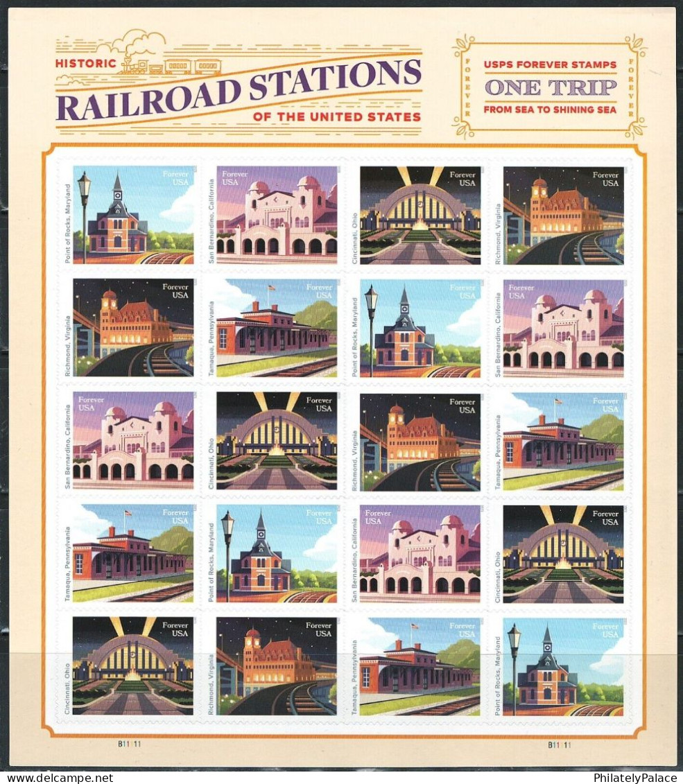 United States USA 2023 Railroad Stations, Architecture,Train,Railway,Virginia,Maryland,California Booklet Of 20 MNH(**) - Unused Stamps