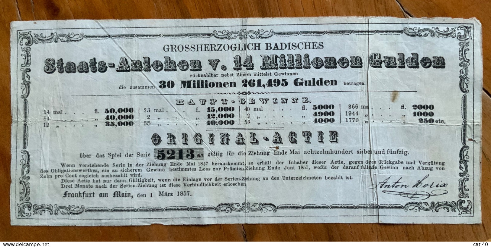 FRANKFURT AM MAIN 1 MARZ 1857 - GROSSHERZOGLICH BADISCHES -  STAATS - ANLEHEN ORIGINAL - ACTIE - 14 MILIONEN GULDEN - Verkehr & Transport