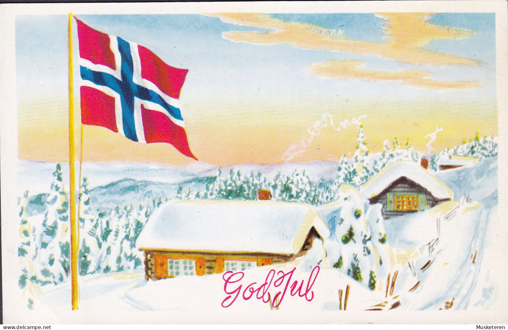 Norway PPC God Jul Flag SAGA Kunstforlag, Trondheim. OSLO 1981 KØGE Denmark Christmas Seal Weihnachten 'Red Cross' - Cartas & Documentos