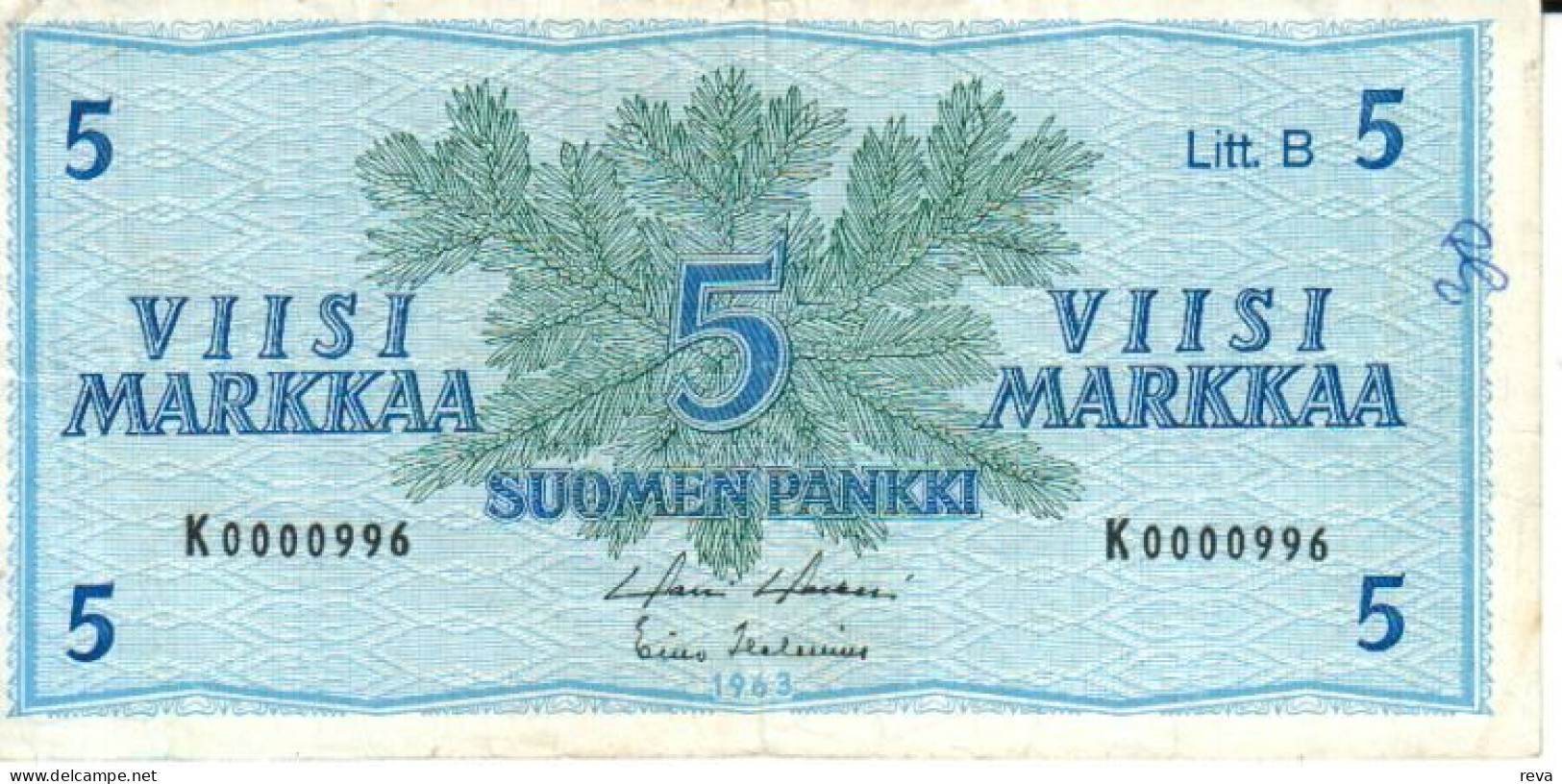 FINLAND 5 MARKKAA BLUE MOTIF FRONT & BACK SN LETT.A  ND(1963) P99a VF READ DESCRIPTION !! - Finland