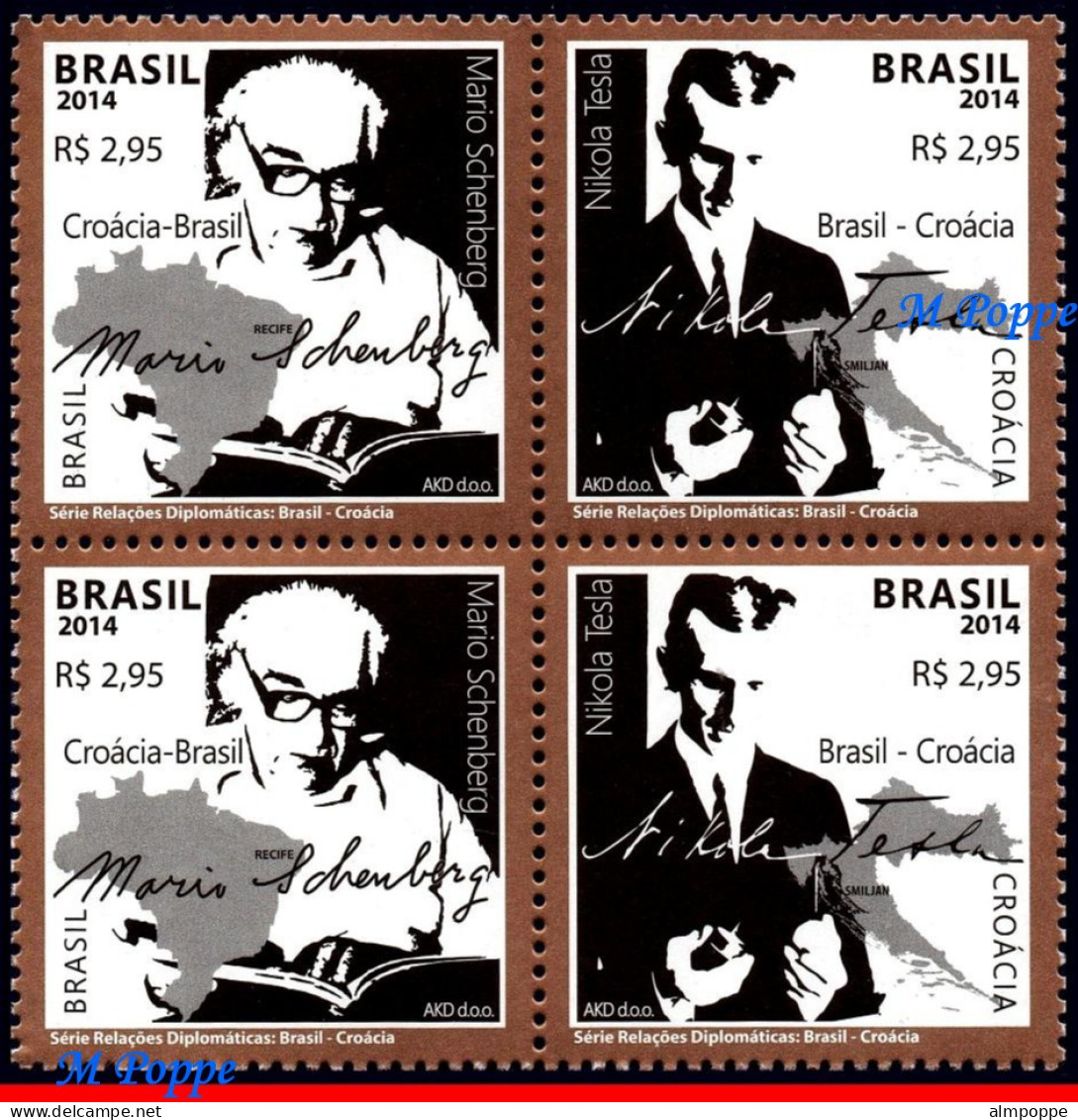 Ref. BR-3286-Q BRAZIL 2014 - RELATIONSHIP WITH CROATIA, M�RIO SCHENBERG & NIKOLA TESLA, MNH, FAMOUS PEOPLE 4V Sc# 3286 - Hojas Bloque