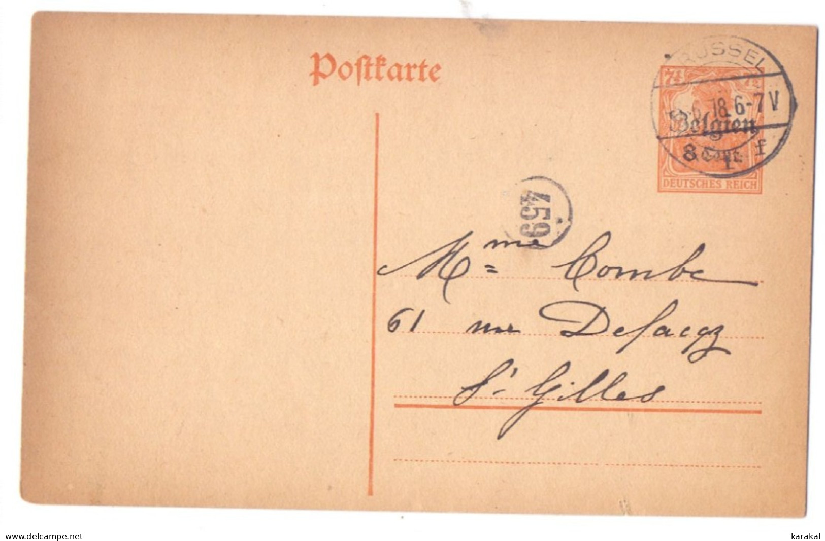 Belgique Occupation Entier 10 8 Cent Brüssel Boîte 459 St Gilles 1918 - Occupation Allemande