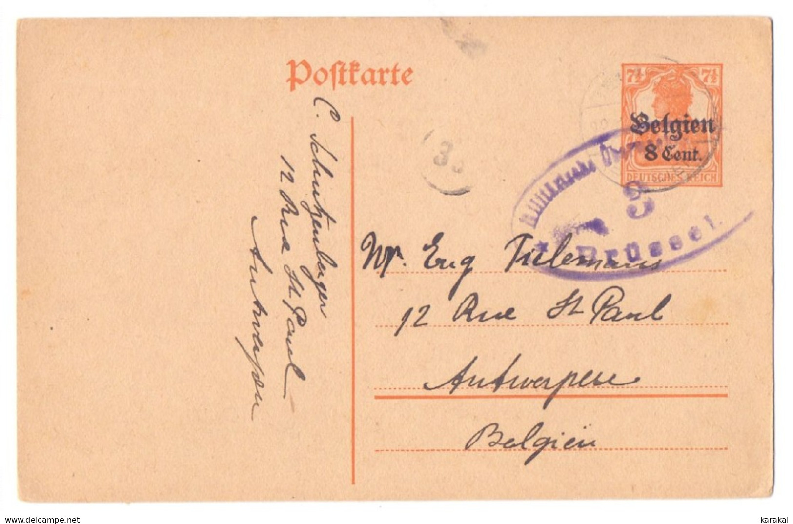 Belgique Occupation Entier 10 8 Cent Censure Brüssel Antwerpen - German Occupation