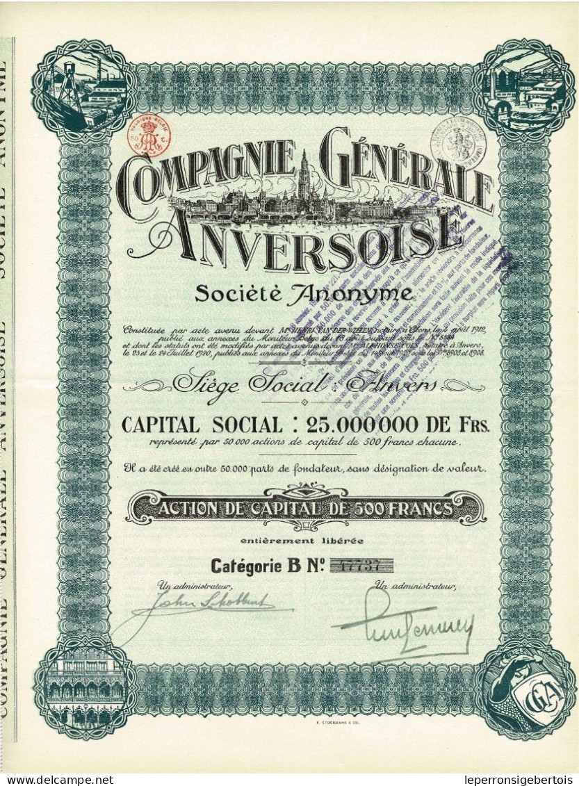 - Titre de 1920- Compagnie Générale Anversoise - Déco - EF