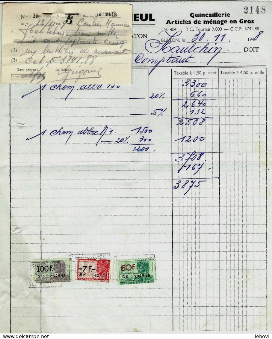 BLATON – Ets. DUC - WACHEUL  – Quincailleries En Gros – Lot De 3 Factures (formats Différents) (1958) - 1950 - ...